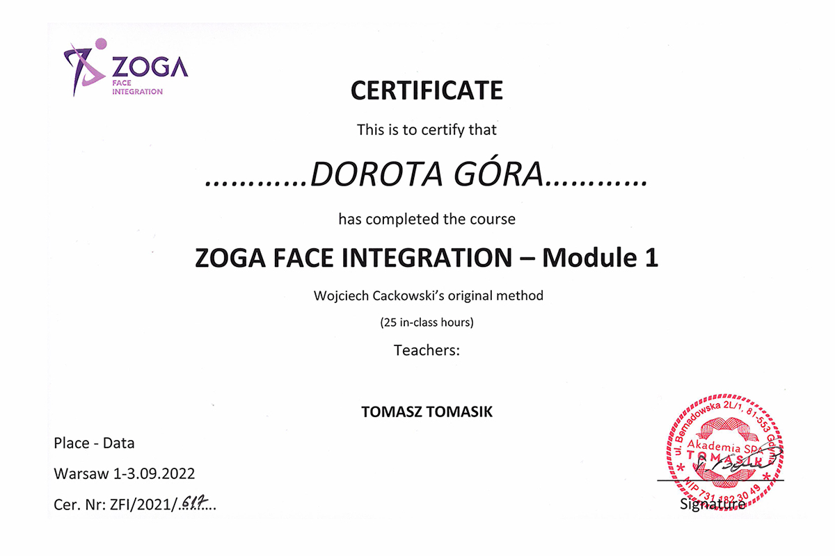 Dyplom ukończenia kursu Zoga Face Integration